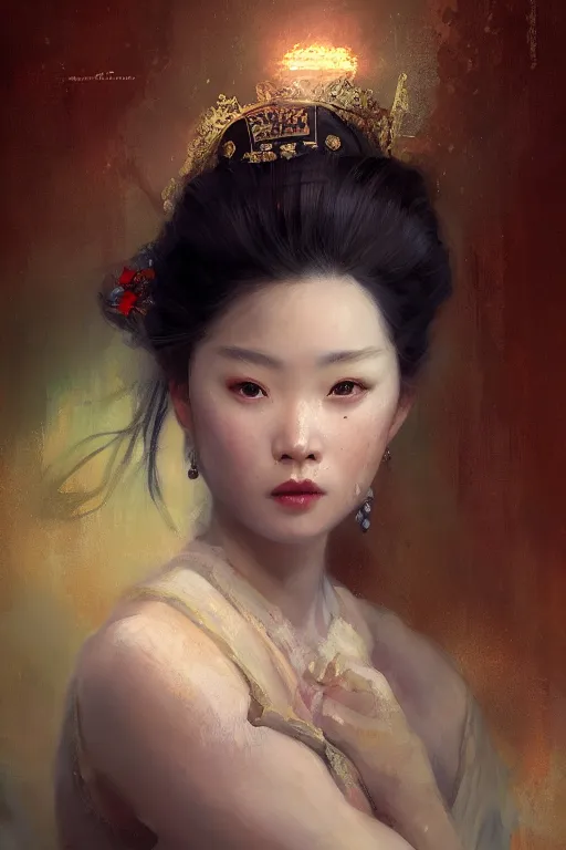 Image similar to princess portrait painted bu huang guang jiang, hgj art, oil painting, sunlit, paint texture, digital painting, highly detailed, artstation, sharp focus, illustration, concept art, ruan jia, charlie bowater, tom bagshaw, norman rockwell