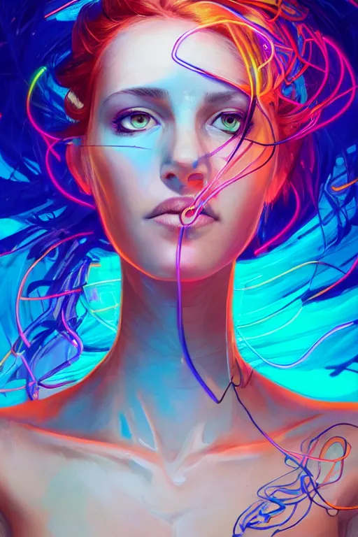 Prompt: a award winning half body portrait of a beautiful woman with stunning eyes in a croptop and cargo pants with rainbow colored hair, outlined by whirling illuminated neon lines and fine lines swirling in circles by jesper ejsing, rhads, makoto, shinkai, lois van baarle, digital art, trending on artstation