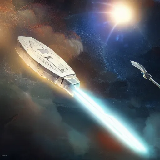 Image similar to concept art of a large space vessel in the shape of an spear flying through the space, scifi, beautiful ilumination, artstation hq