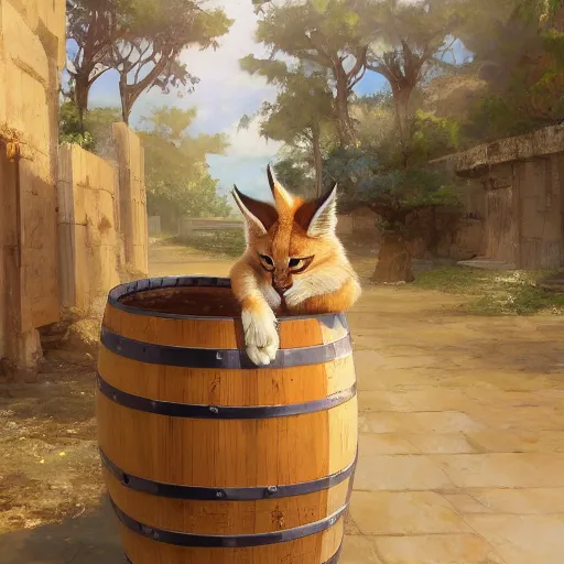 Prompt: a digital art of cute fluffy caracal near a wooden barrel lying at the side, at after noon, ancient greek city, sunny day, by krenz cushart and mucha and akihito yoshida and greg rutkowski and makoto shinkai, long shot, back lighting, detailed eyes, 4 k resolution, trending on art station