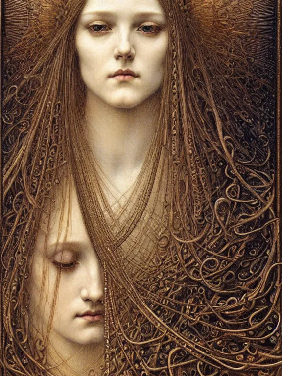 Image similar to detailed realistic beautiful young medieval queen face portrait by jean delville, gustave dore and marco mazzoni, art nouveau, symbolist, visionary, gothic, pre - raphaelite. horizontal symmetry