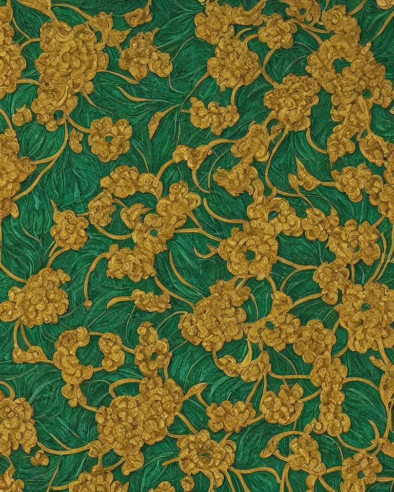 Prompt: “extreme close up print of a flowing ornamental pattern featuring emeralds and gold flowers by Raphael, Hopper, and Rene Magritte.”