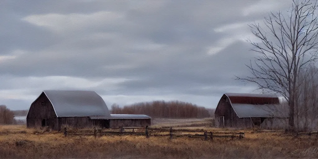 Image similar to a barn in the morning sun, ominous sky, winter, snow, countryside, peter sculthorpe, painting, artstation