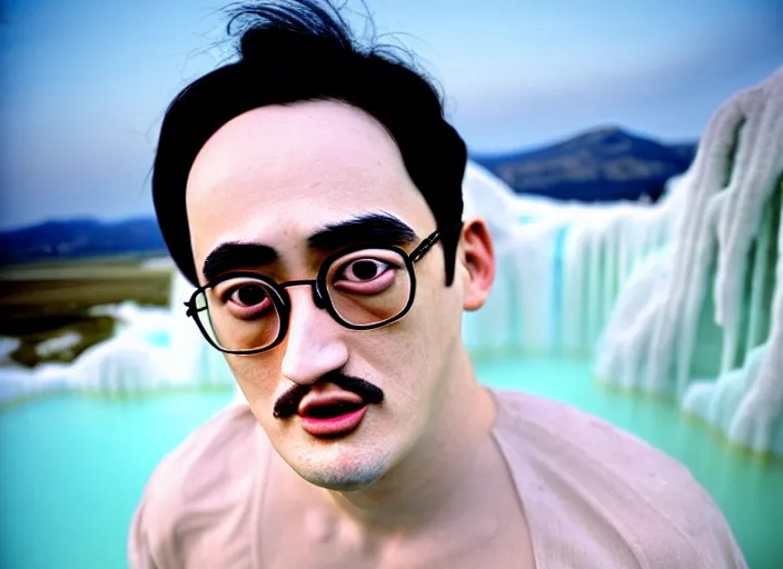 Prompt: Kodak Portra 400, 8K, soft light, volumetric lighting, highly detailed, portrait photo of a Filthy Frank by WLOP, the face emerges from a Pamukkale, thermal waters flowing down white travertine terraces with lotus flowers, inspired by Ophelia paint , blue shirt and hair are intricate with highly detailed realistic beautiful flowers , Realistic, Refined, Highly Detailed, ethereal lighting colors scheme, outdoor fine art photography, Hyper realistic, photo realistic, masterpiece