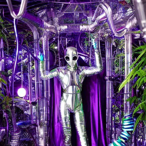 Image similar to conde nast traveler photo, inside a futuristic detailed alien jungle made out of shiny reflective chrome, futuristic android with limbs made out of stretchy rubber tubing mixed with shiny colorful giant intricate detailed chrome gauntlets and chest piece and discoball mask, wearing a long purple velvet cape, fog and mist