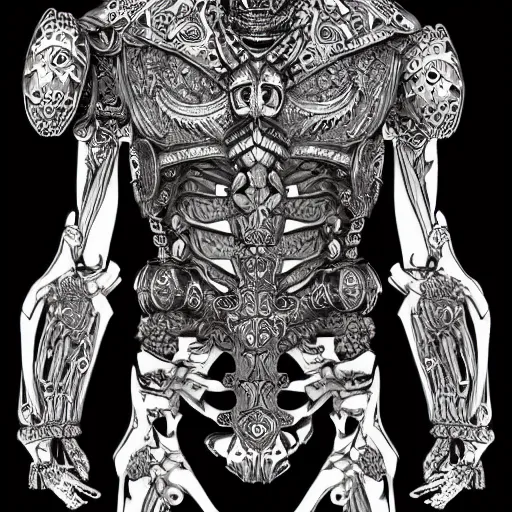 Image similar to skeleton warrior with a very ornamentated armor, very detailed, complex drawing, hyperdetailed, renascement, monochrome, albert durero style