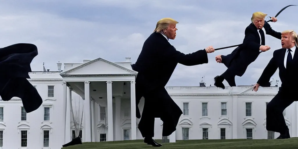 Image similar to a professional cinematic photo of donald trump fighting lord voldemort on top of white house. extremely high fidelity.