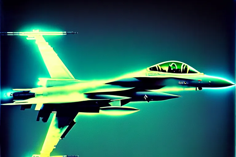 Prompt: stylized poster of an f - 1 6 fighter, thick neon lights, ektachrome photograph, volumetric lighting, f 8 aperture, cinematic eastman 5 3 8 4 film