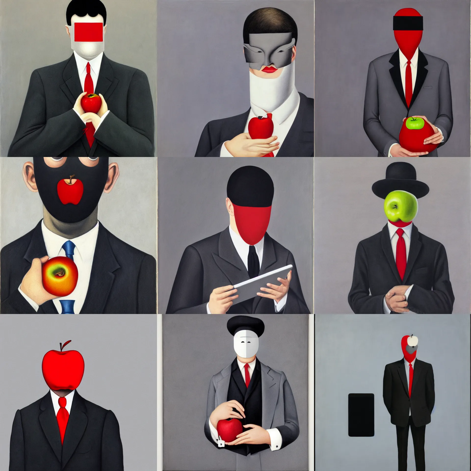 Prompt: front view portrait of a man with an apple tablet covering his face, wearing dark grey suit, white shirt, red tie, black pants, blue / grey background, painted by rene magritte