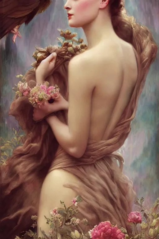 Image similar to A young and extremely beautiful Grace Kelly explaining the birds and the bees by Tom Bagshaw in the style of a modern Gaston Bussière, art nouveau, art deco, surrealism. Extremely lush detail. Perfect composition and lighting. Profoundly surreal. Sultry look on her face.