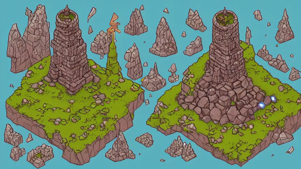 Prompt: Isometric view of a wizard tower surrounded by different kinds of gem mines and ominous caves, lineart, colored