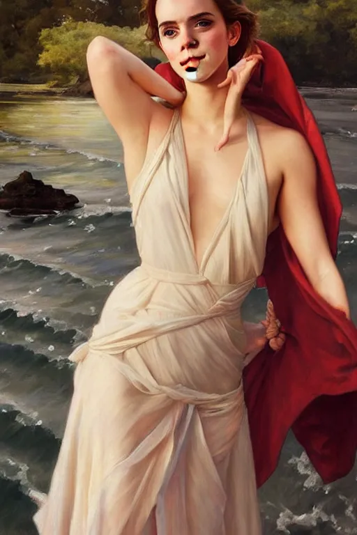 Image similar to a beautiful emma watson wearing a dress emerging from the water, oil on canvas, sensuality, artstation, by j. c. leyendecker and edmund blair leighton and charlie bowater, instagram photo