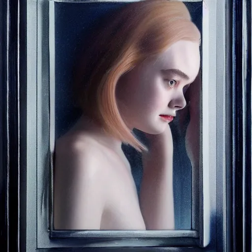 Prompt: Elle Fanning’s face against the mirror, head and shoulders portrait, stormy weather, extremely detailed masterpiece, oil on canvas, low-key neon lighting, artstation, Blade Runner 2049, Roger Deakin’s cinematography, by J. C. Leyendecker and Peter Paul Rubens and Edward Hopper and Michael Sowa,
