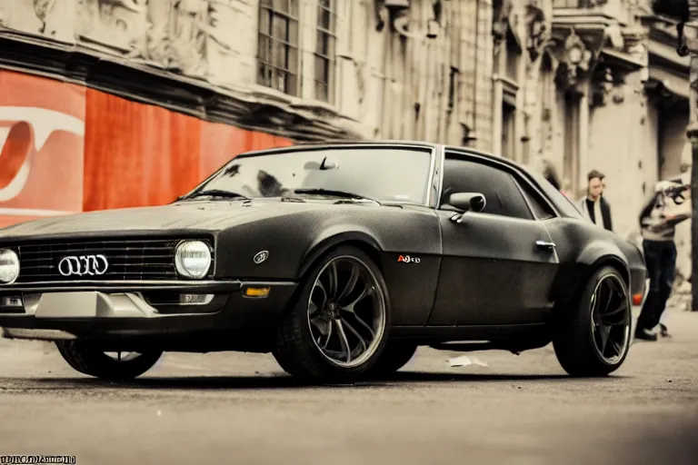 Image similar to audi camaro b 1 ( 1 9 6 9 ) drifting, need for speed : carbon, neon lines, lviv historic centre, ultra phonk, phonk music background, smoke behind wheels, noise, dark, establishing shot