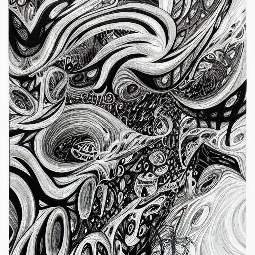 Image similar to abstract black and white concept art graphic painting illustrating diffusion process, overcomplicated, math inspired, hyper detailed, psychodelic, creepy