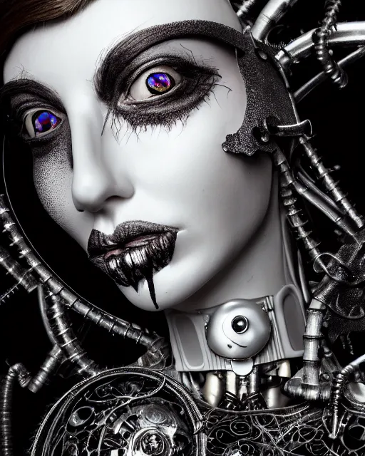 Image similar to black and white dreamy foggy smoky profile face portrait, one silver steampunk eye biomechanical beautiful young female cyclope - cyborg - robot bust, body ribs meshes,, volumetric light, hibiscus flowers, by hg giger, rim light, by dora maar and cecile beaton, big gothic fashion pearl embroidered collar, 8 k