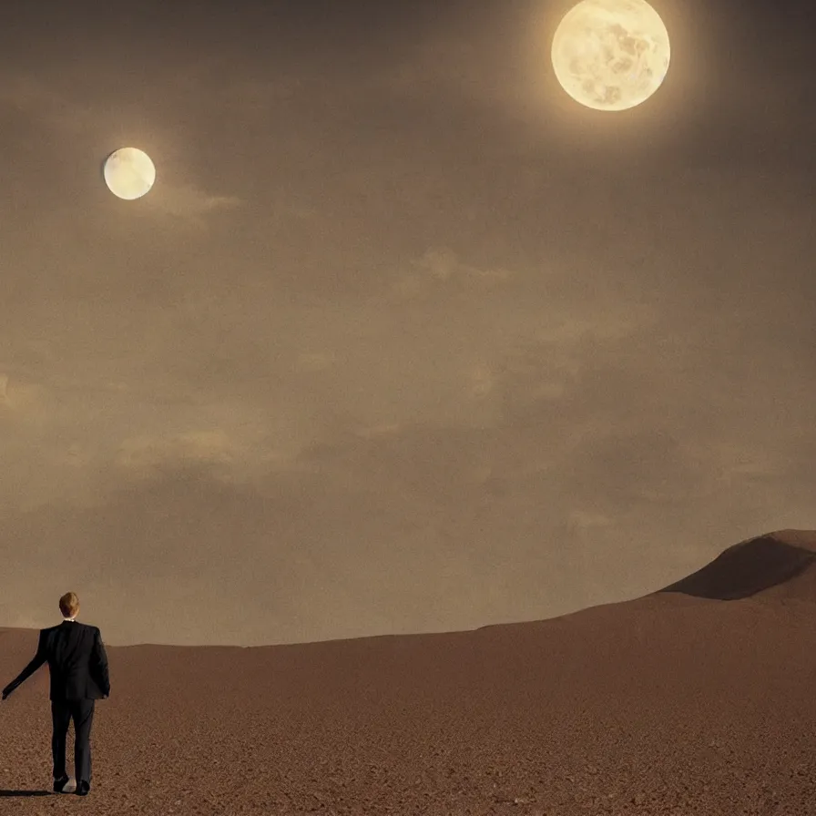 Image similar to a surreal landscape of a powerful man wandering in a vast desert lit by a frightening moon