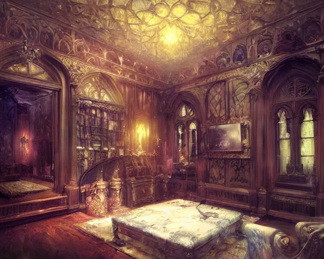 Prompt: gothic mansion room, ornate, magical, elegant, artwork, paint, complimentary colors, bastien lecouffe - deharme, by jeremy mann, by alexander fedosav