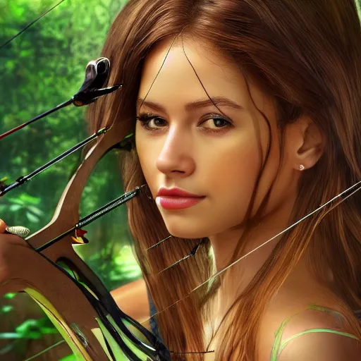 Prompt: beautiful archery girl, female heroine in the jungle hunting with bow and arrow, gettyimages, realistic face, digital art, trending on artstation