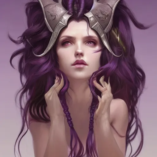 Image similar to cute Whimsical Tiefling Druid with cute horns and long purple hair,silver eyes, light-brown skin, D&D, fantasy, portrait, highly detailed, digital painting, artstation, concept art, sharp focus, illustration, art by greg rutkowski and alphonse mucha