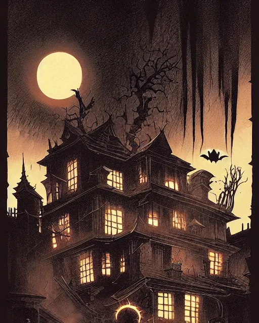 Image similar to spooky halloween night, evil, horror aesthetic, cinematic, dramatic, super detailed and intricate, by koson ohara, by darwyn cooke, by greg rutkowski, by satoshi kon