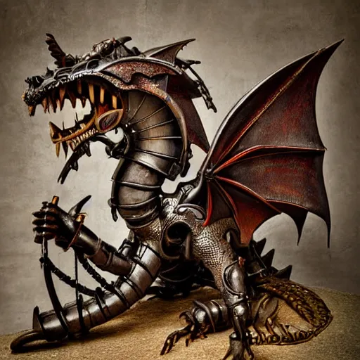 Image similar to a sculpture of a steampunk dragon, photograph