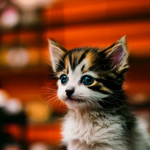 Prompt: puppy kitten inside a japanese thrift store, cinematic light, warm colours, atmospheric, bokeh, 8 k photography