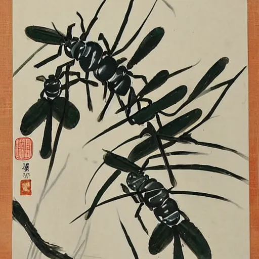 Prompt: a chinese painting of insect and plant by qi baishi