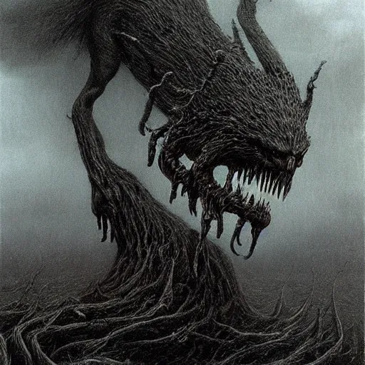 Image similar to fenrir beksinski, eldritch, apocalypse, creepy creature, horror spooky