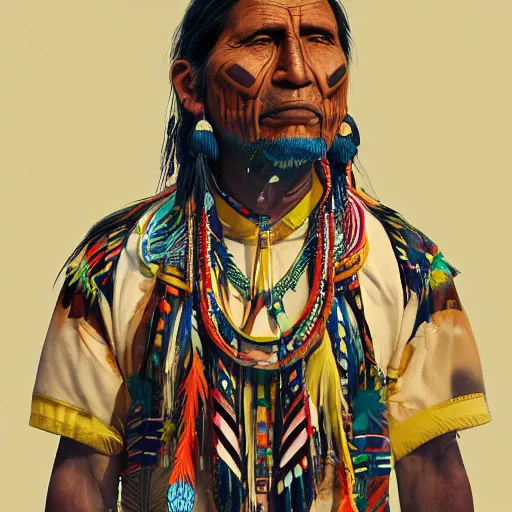 Image similar to abstract 3d portrait Native American in his traditional clothes age 40 by james jean and Jason Chan, rendering, redshift, octane