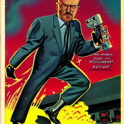 Prompt: walter white in retro science fiction cover by Kelly Freas (1960)