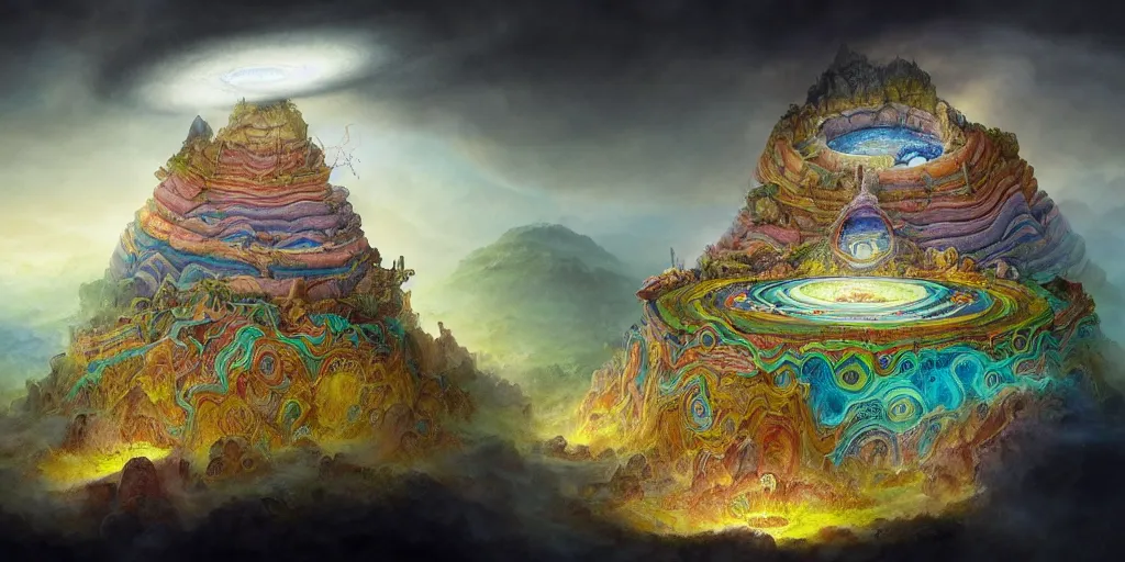 Prompt: a fantasy temple sits on top of a cross section of surreal geological biome chart with concentric layers of colourful strata forming a surreal tiered geological formation whith an , colourful strata, underground tunnel network, swirling clouds, pools of water, on dark paper, by peter mohrbacher, tarmo juhola, ivan laliashvili, james gurney, moebius, roger dean + wide angle view + v-ray + unreal engine + real life natural photo + daz studio iray + 8k textures ultra hd shaders + HDR lighting, ray traced, vue render, artstation