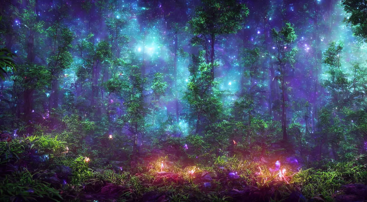 Image similar to A beautiful lush magic mana forest, night sky with dazzling stars, fairies, fireflies, bokeh, octane render, unreal engine, raytracing, crystallized, intricate, hyper detailed, light rays.