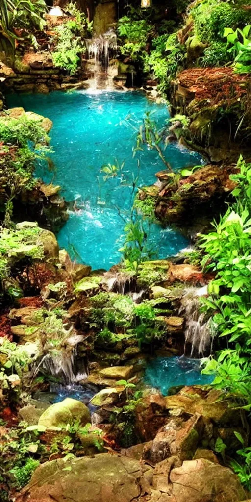 Image similar to beautiful lush magical enchanted serene cozy watery grotto