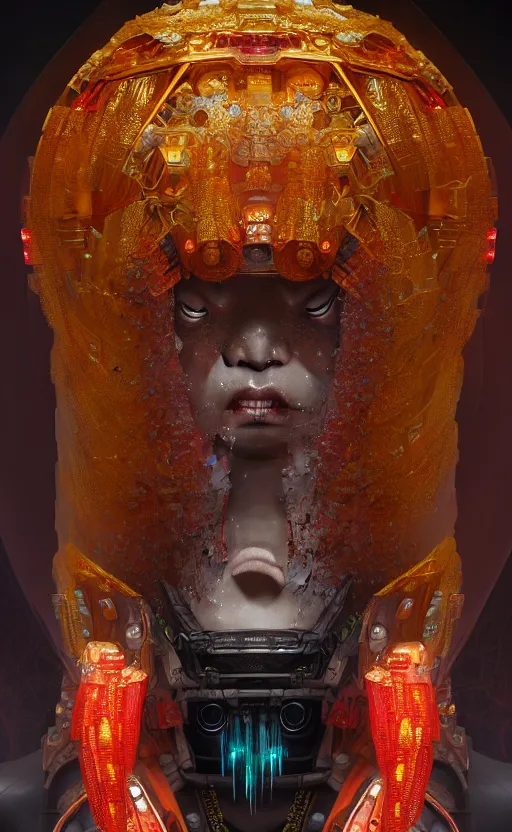 Prompt: asura from chinese myth, ghost, gorgeous and huge head ornaments, dystopian, cyberpunk, organic fractal mycelum and fungi, mecha, halfturn portrait of a big crystal face made of crystals half - turn, ominous, intricate, studio, art by anthony macbain + greg rutkowski + alphonse mucha, concept art, 4 k, sharp focus