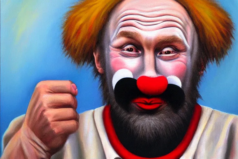 Image similar to putin as a clean-shaven sad hobo clown. head shot portrait. oil painting by emmett kelly.