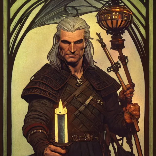 Image similar to an aesthetic! a detailed portrait of geralt of rivia, holding a lantern by frank frazetta and alphonse mucha, oil on canvas, art nouveau dungeons and dragons fantasy art, hd, god rays, ray tracing, crisp contour lines, huhd