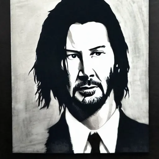 Image similar to keanu reeves in pulp fiction, etching, ultra realistic