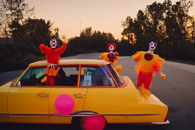 Image similar to 2 0 clowns leaving a clowncar at a california drive in, in 2 0 1 2, cutecore clowncore, bathed in the the glow of the sunset, low - light photograph, in style of tyler mitchell