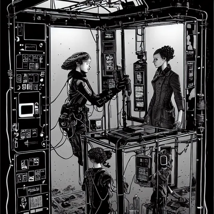 Image similar to sadie sink as a miner inside a minimalist steampunk automated kiosk with options to choose from. scifi cyberpunk. by gabriel hardman, joe alves, chris bonura. cinematic atmosphere, detailed and intricate, perfect anatomy