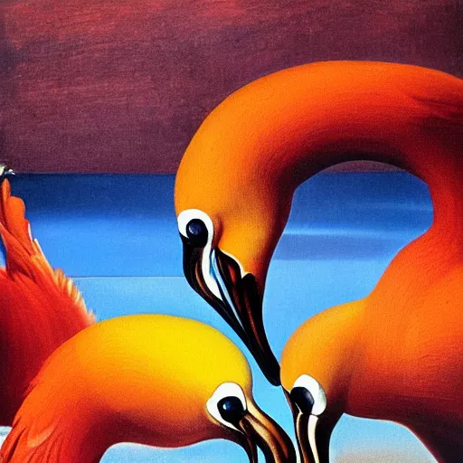 Image similar to Pair of dancing flamingos with a flying egg, oil painting by Salvador Dali.