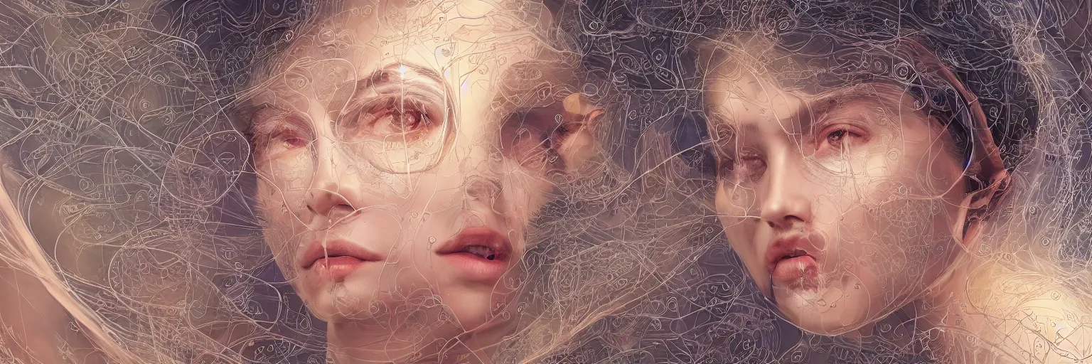 Image similar to The face of a very beautiful goddess radiating an artwork made from layers of technical drawings and architectural plans, very detailed and intricate with callout texts, leaders, arrows and bubbles by James Jean and Ross Tran and WLOP , hyperrealism, swirling acrylics, subsurface scattering, octane render, bokeh, 8k, xparticles