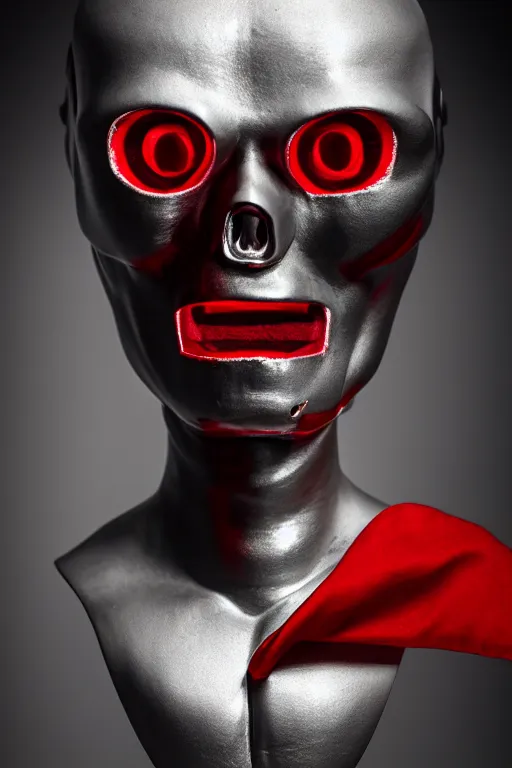 Prompt: chrome cyclops head statue layed on a red silk fabric, by hedi xandt and antonio corradini, macabre art, dark surrealism, epic and cinematic view, volummetric light, texturized, detailed, 8 k