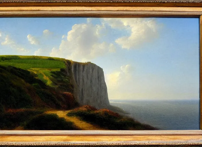 Prompt: cliffs of dover, uk in the style of hudson river school of art, oil on canvas, no frame