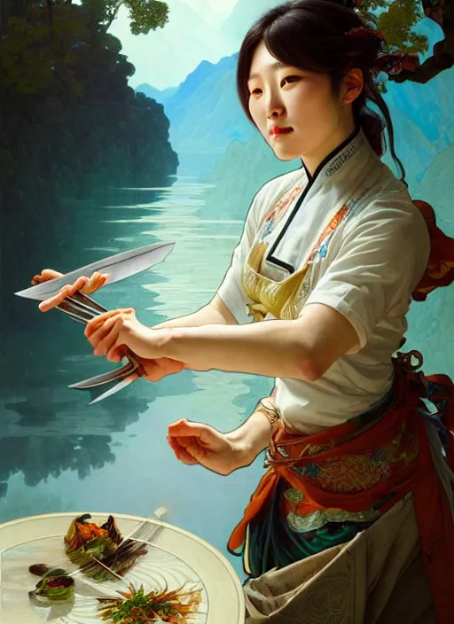 Prompt: stunning portrait of a south korean female chef holding magical kitchen knives, beautiful rivers of energy flowing in background, by peter mohrbacher and alphonse mucha and loish, 4 k, high resolution, intricate, hyperdetailed, photorealistic, artstation, smooth, sharp focus
