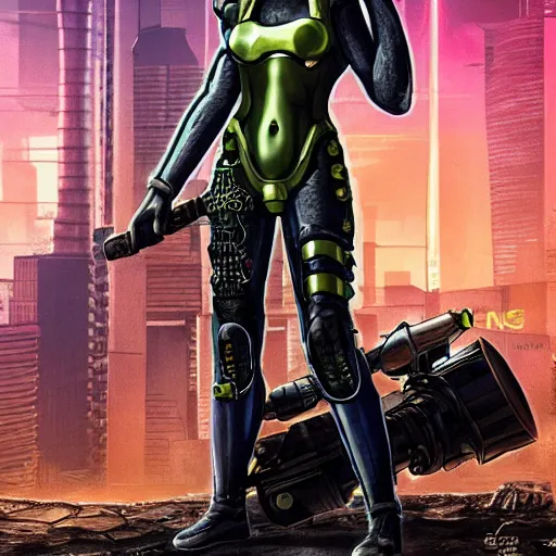 Image similar to photo of medusa in cyberpunk armour holding a bazooka