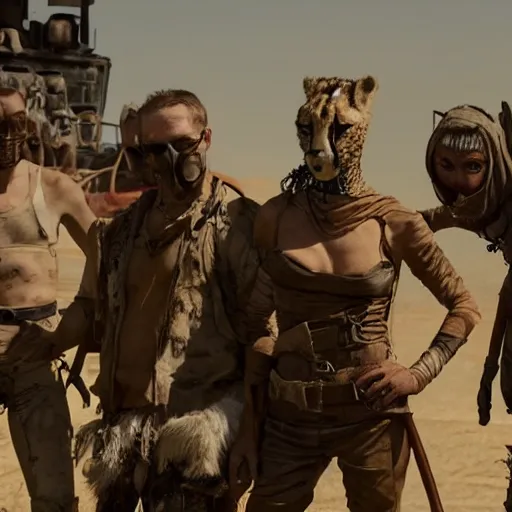 Prompt: a film still from the movie mad max fury road of the anthropomorphic anthro cheetah raiders wearing scavenger clothes standing in the post apocalyptic wasteland