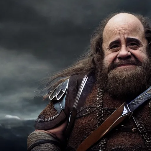 Image similar to movie still of danny devito starring as gimli in the 2 0 2 6 lord of the rings movie, full body, hyper realistic, high quality