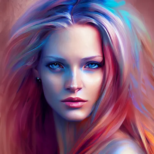 Prompt: painting of a woman, long blonde hair, blue eyes, by Bastien Lecouffe-Deharme colorful woman 4k very-detailed high-quality portrait, deviantart, artstation