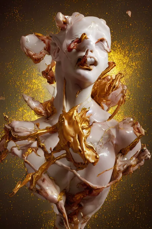 Image similar to realistic 8k digital painting of a stunning intricate cracked multicolored milky marble Evangelion Devil Queen character design Bernini Sculpture. Kintsugi. Gold lining in cracks. by Daytoner, Greg Tocchini, Yoshitaka Amano. sentient mycelium and misty xparticles. Scattered Cherry blossoms Hyperrealism. Subsurface scattering. Octane Render